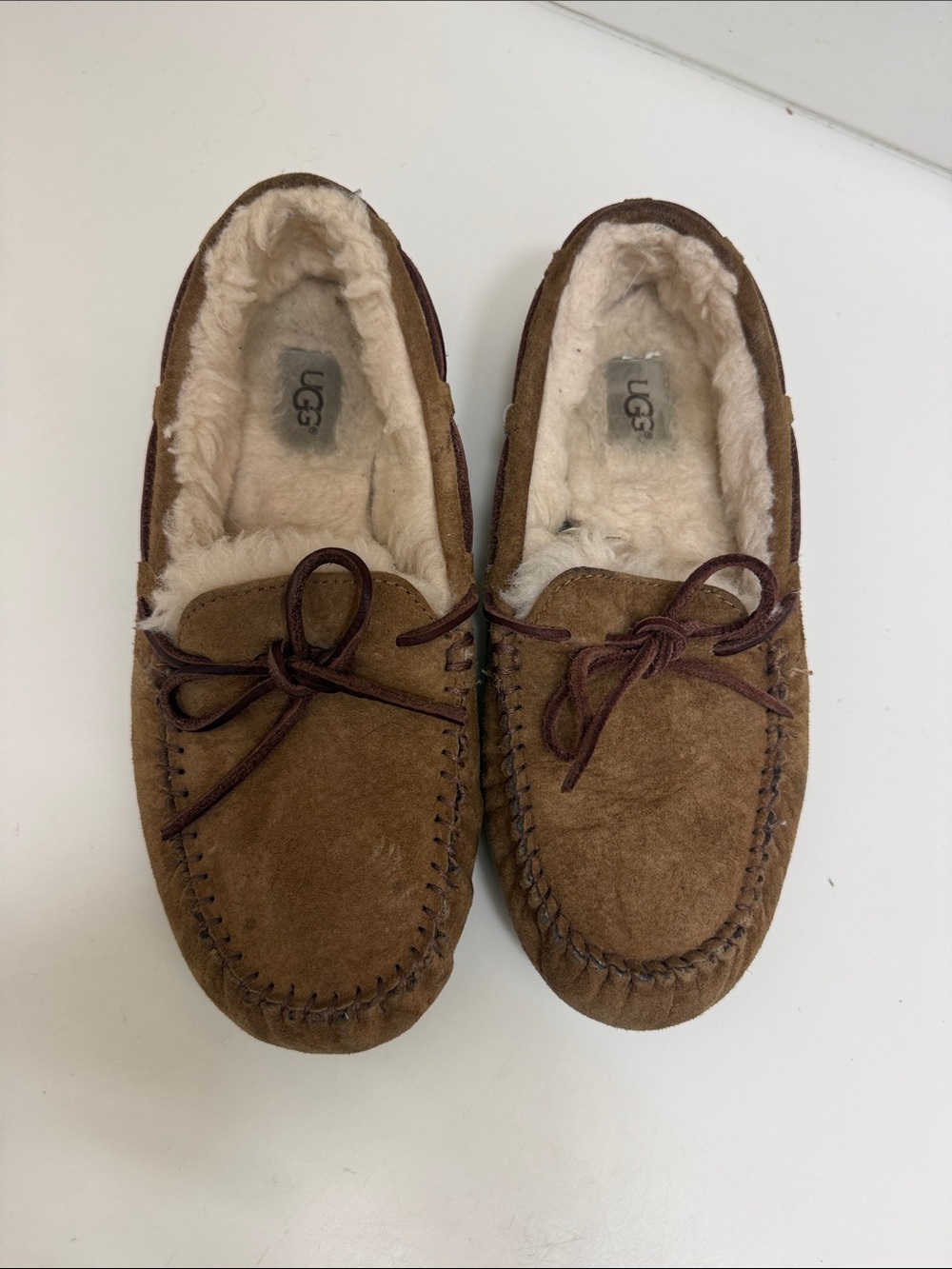 UGG Chestnut Suede Moccasin Slippers with Shearling
